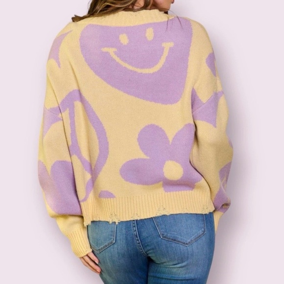BAILEY ROSE yellow purple smiley face distressed v neck sweater size SMALL - Picture 2 of 5